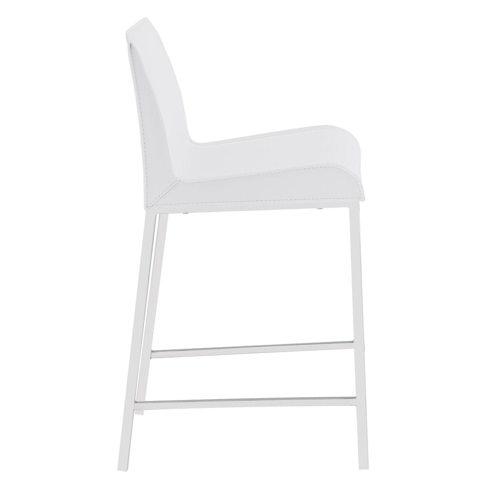 Set of Two 24" White And Silver Genuine Leather And Steel Low Back Counter Height Bar Chairs