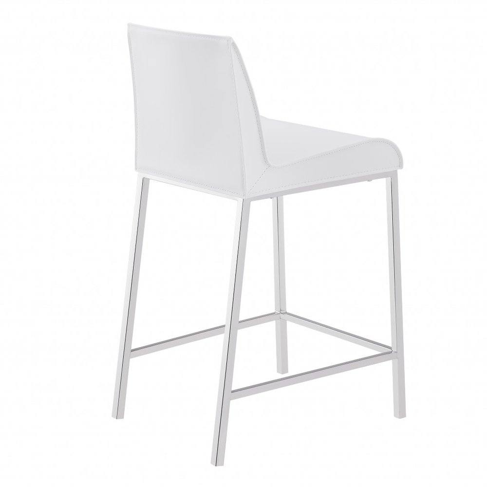 Set of Two 24" White And Silver Genuine Leather And Steel Low Back Counter Height Bar Chairs