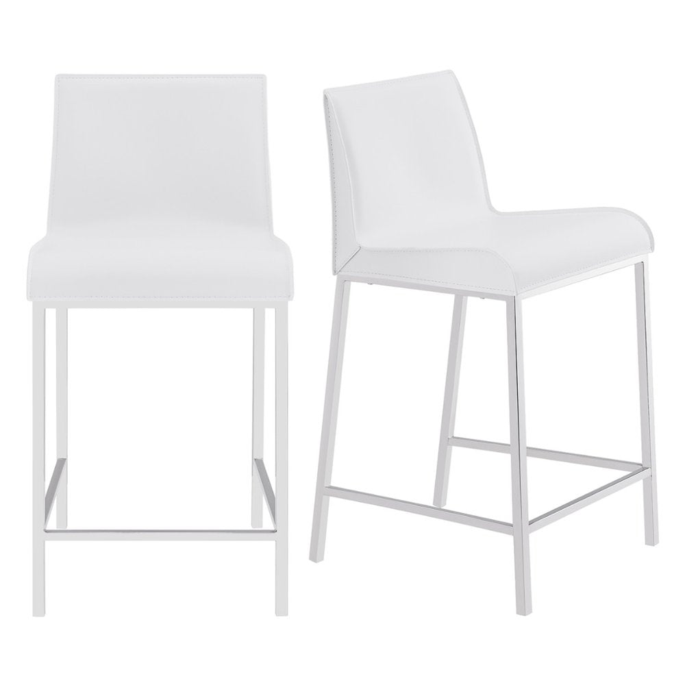 Set of Two 24" White And Silver Genuine Leather And Steel Low Back Counter Height Bar Chairs
