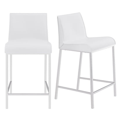 Set of Two 24" White And Silver Genuine Leather And Steel Low Back Counter Height Bar Chairs