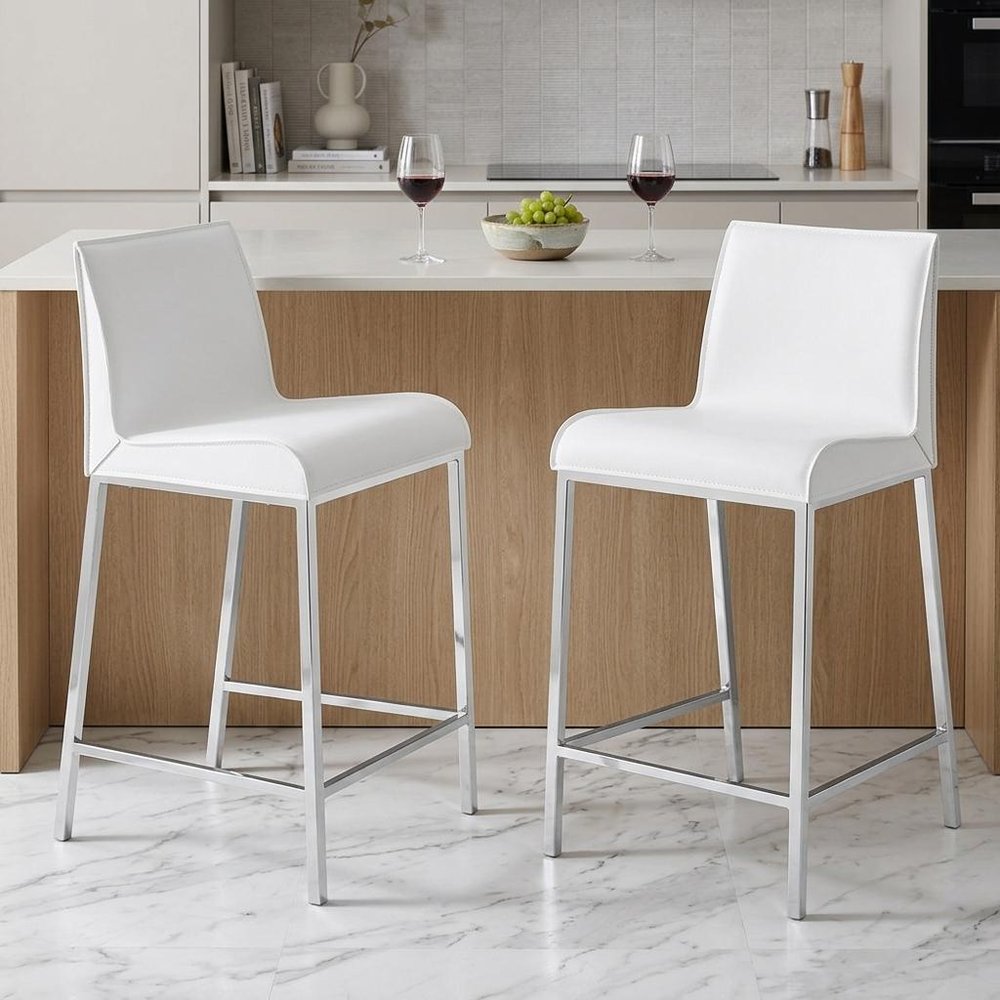 Set of Two 24" White And Silver Genuine Leather And Steel Low Back Counter Height Bar Chairs