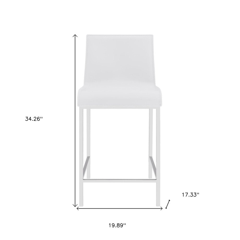 Set of Two 24" White And Silver Genuine Leather And Steel Low Back Counter Height Bar Chairs