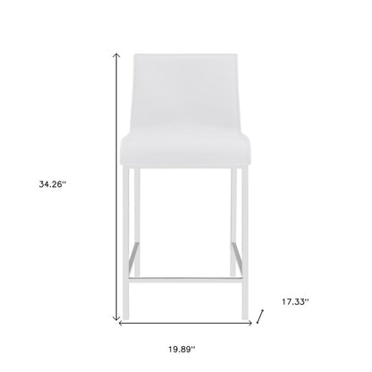 Set of Two 24" White And Silver Genuine Leather And Steel Low Back Counter Height Bar Chairs
