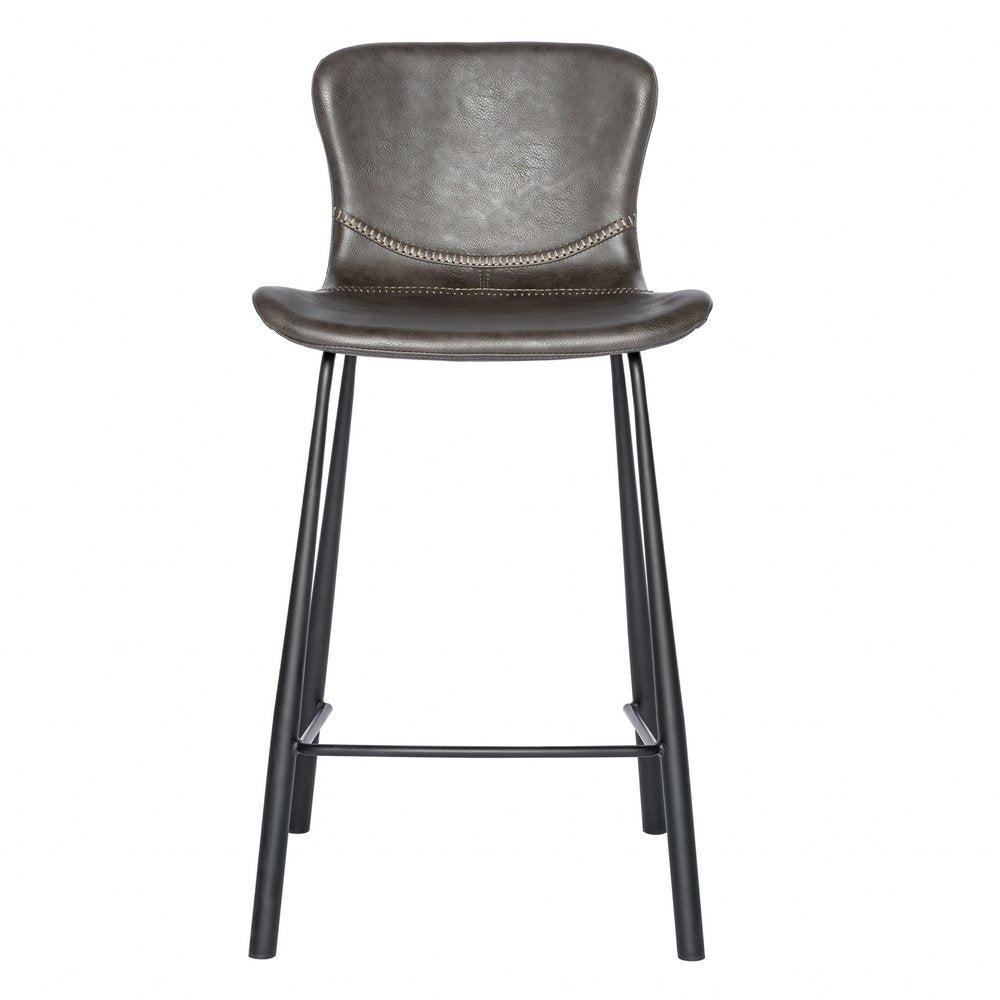 Set of Two 26" Gray And Black Faux Leather And Steel Low Back Counter Height Bar Chairs