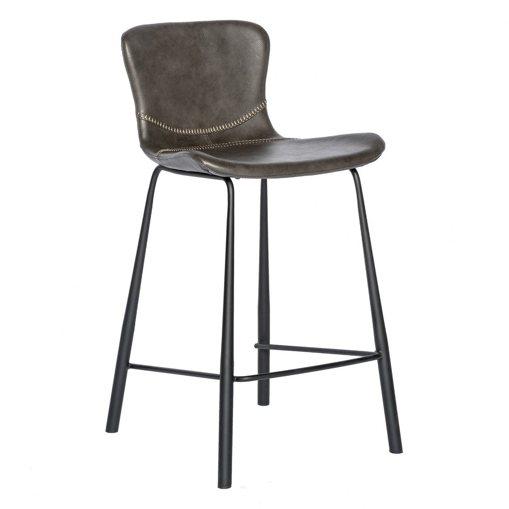 Set of Two 26" Gray And Black Faux Leather And Steel Low Back Counter Height Bar Chairs