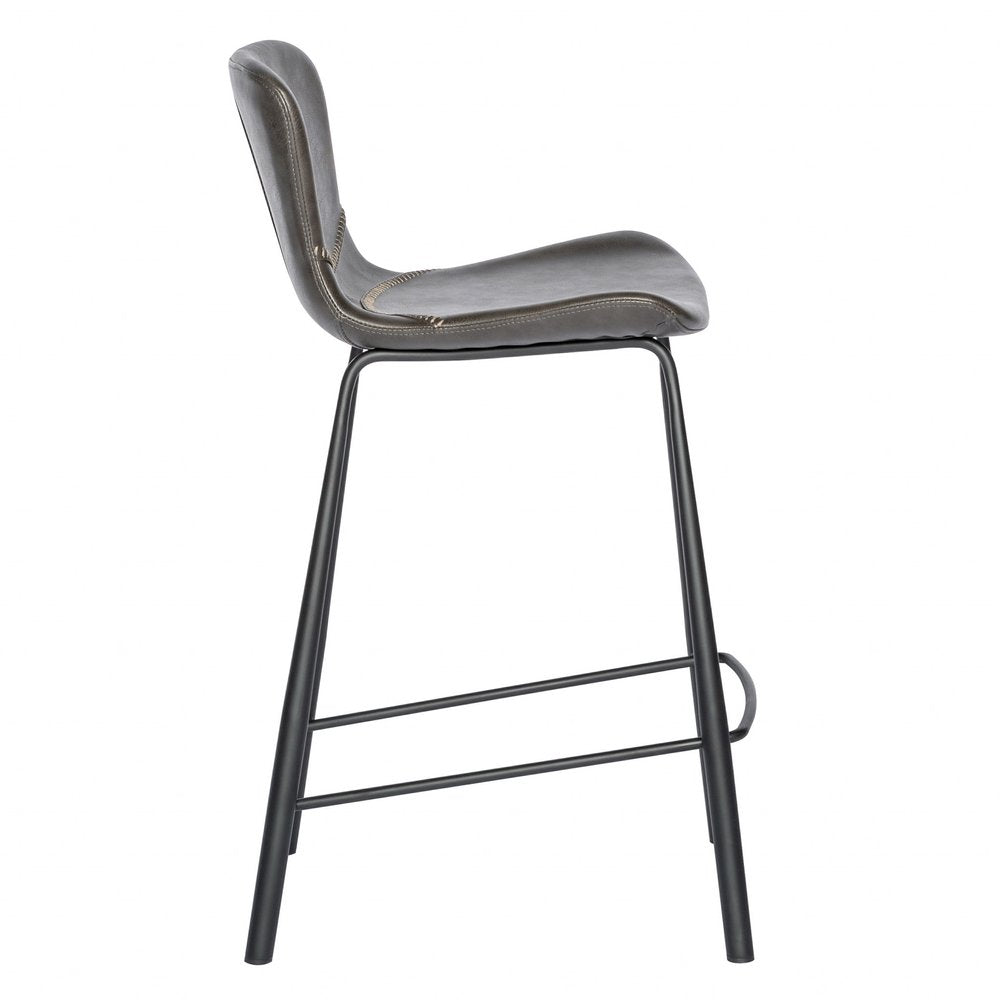 Set of Two 26" Gray And Black Faux Leather And Steel Low Back Counter Height Bar Chairs