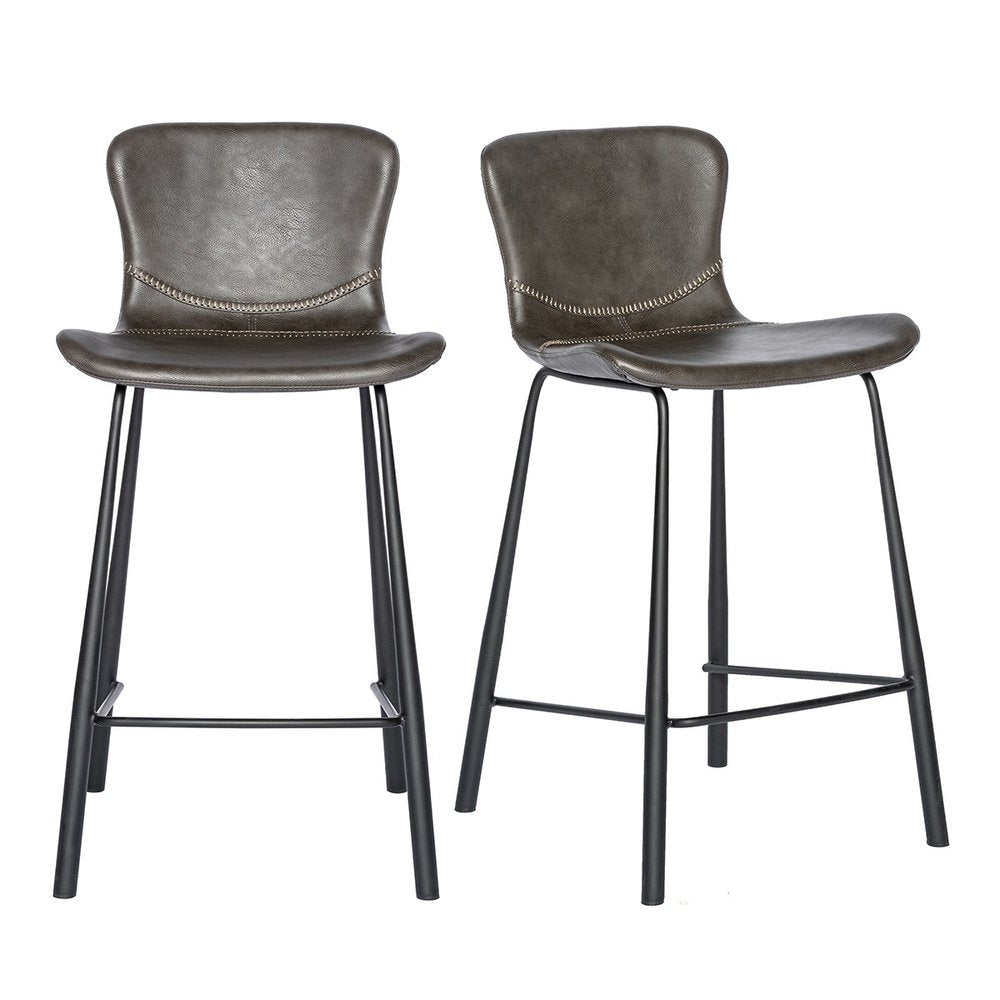 Set of Two 26" Gray And Black Faux Leather And Steel Low Back Counter Height Bar Chairs