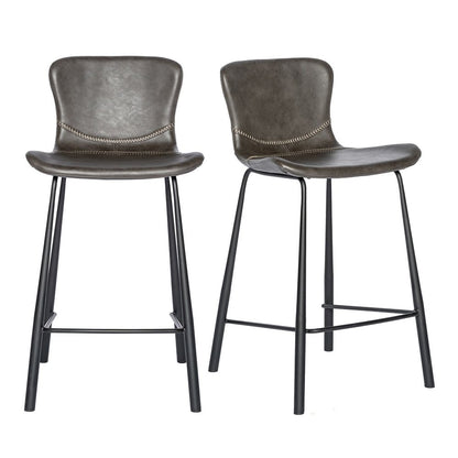 Set of Two 26" Gray And Black Faux Leather And Steel Low Back Counter Height Bar Chairs