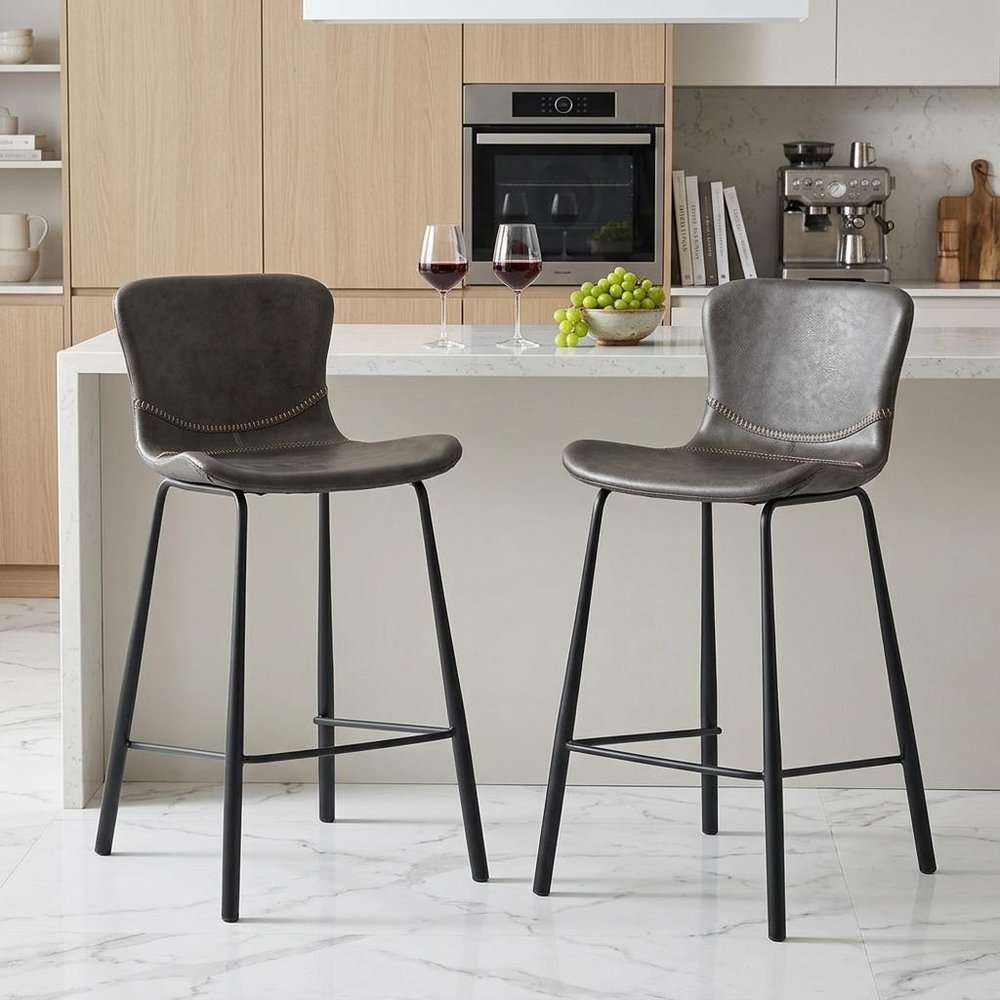 Set of Two 26" Gray And Black Faux Leather And Steel Low Back Counter Height Bar Chairs