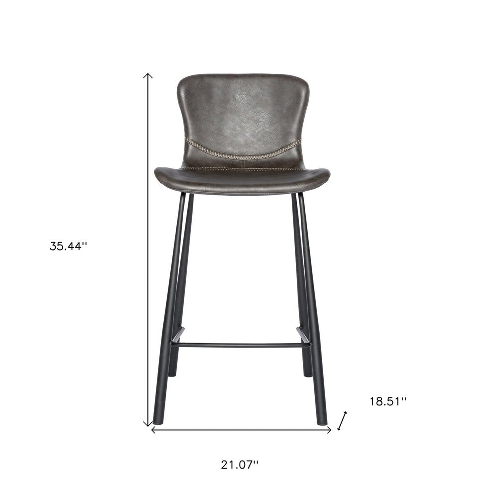 Set of Two 26" Gray And Black Faux Leather And Steel Low Back Counter Height Bar Chairs