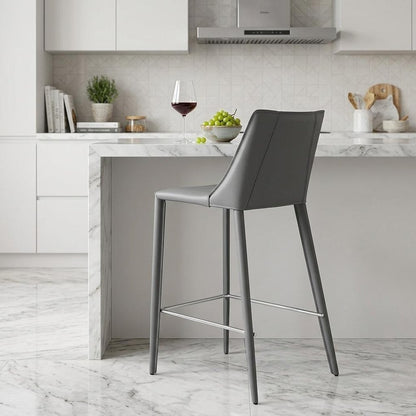 26" Gray Faux Leather And Steel Low Back Counter Height Bar Chair