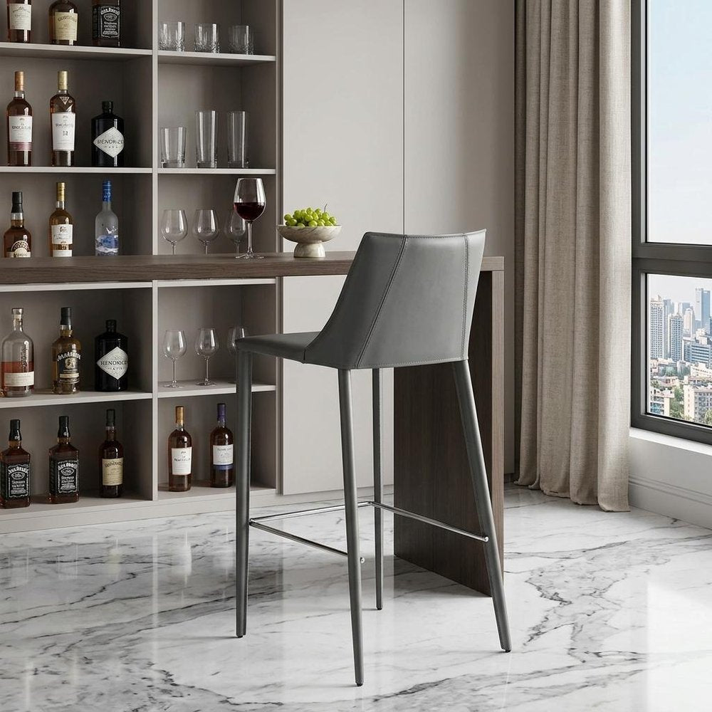 30" Gray Faux Leather And Steel Low Back Bar Height Bar Chair