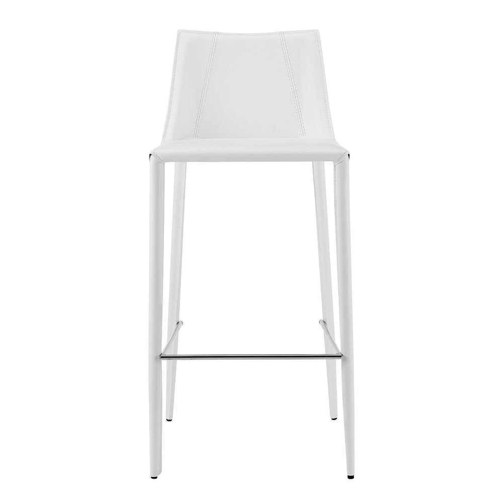 30" White Faux Leather And Steel Low Back Bar Height Bar Chair