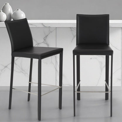 Set of Two 30" Black Faux Leather and Steel Bar Height Bar Chairs