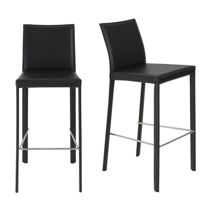 Set of Two 30" Black Faux Leather and Steel Bar Height Bar Chairs