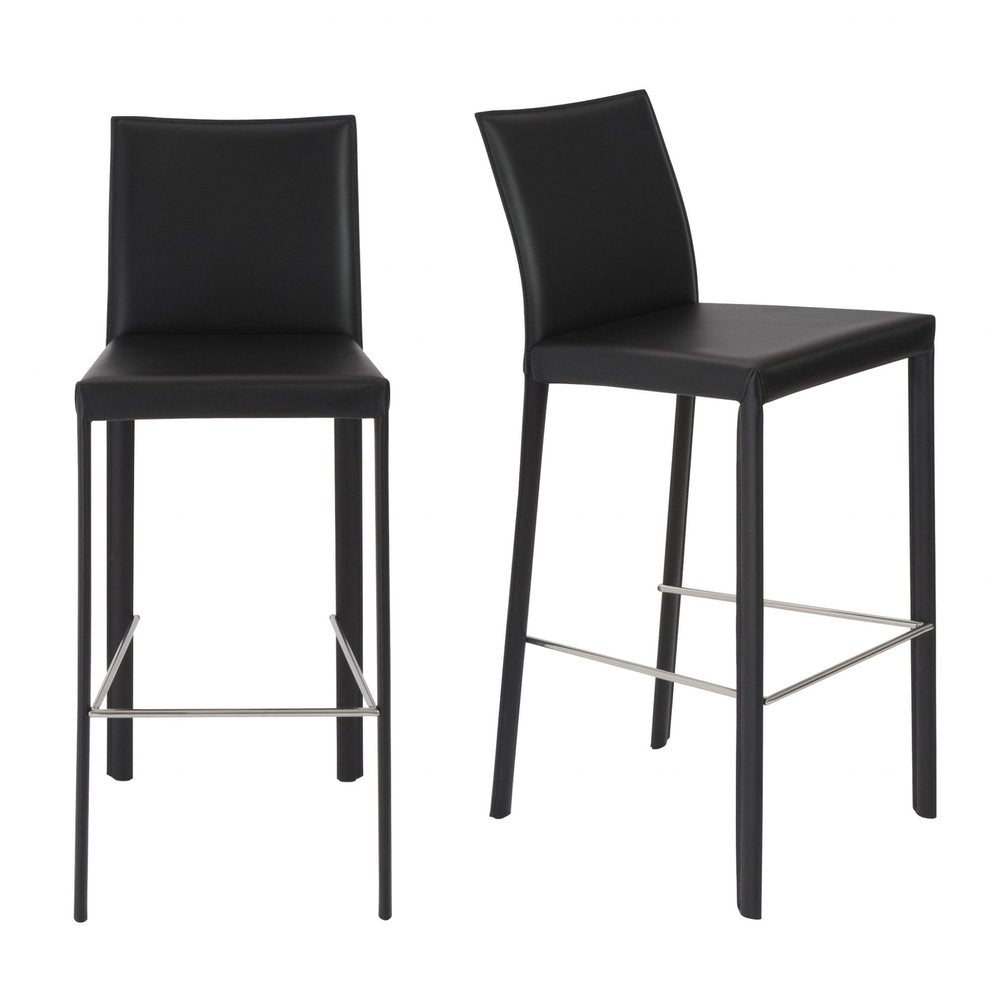 Set of Two 30" Black Faux Leather And Steel Bar Height Bar Chairs