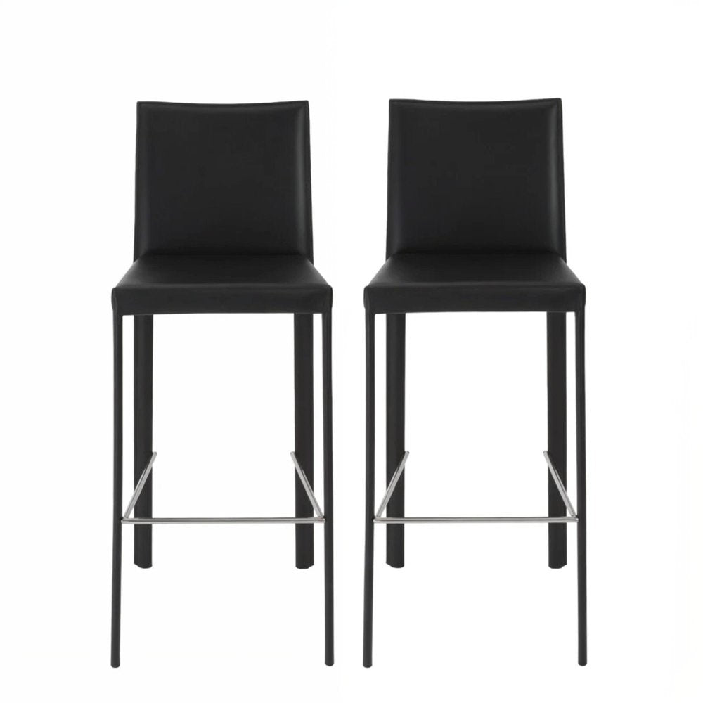 Set of Two 30" Black Faux Leather And Steel Bar Height Bar Chairs