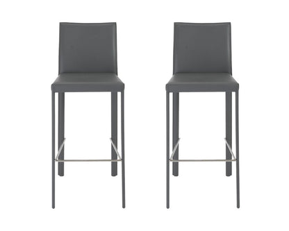 Set of Two 30" Gray Faux Leather And Steel Bar Height Bar Chairs