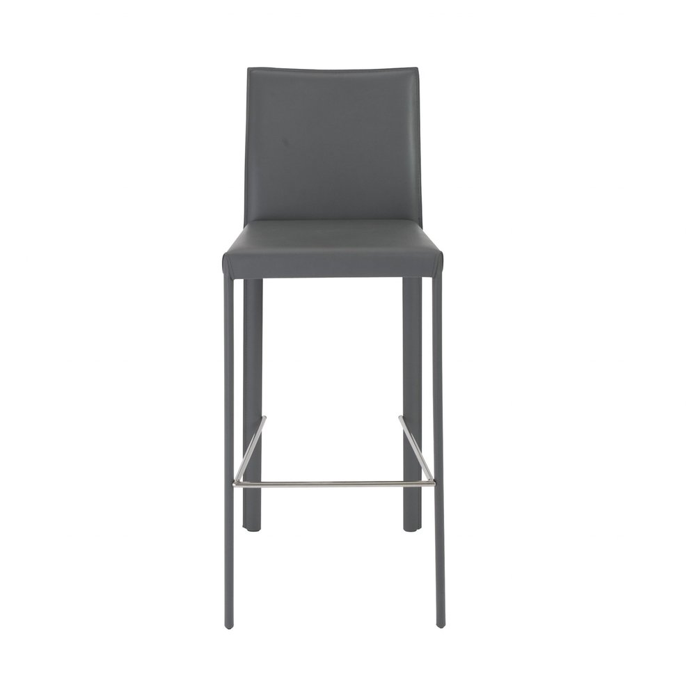 Set of Two 30" Gray Faux Leather And Steel Bar Height Bar Chairs