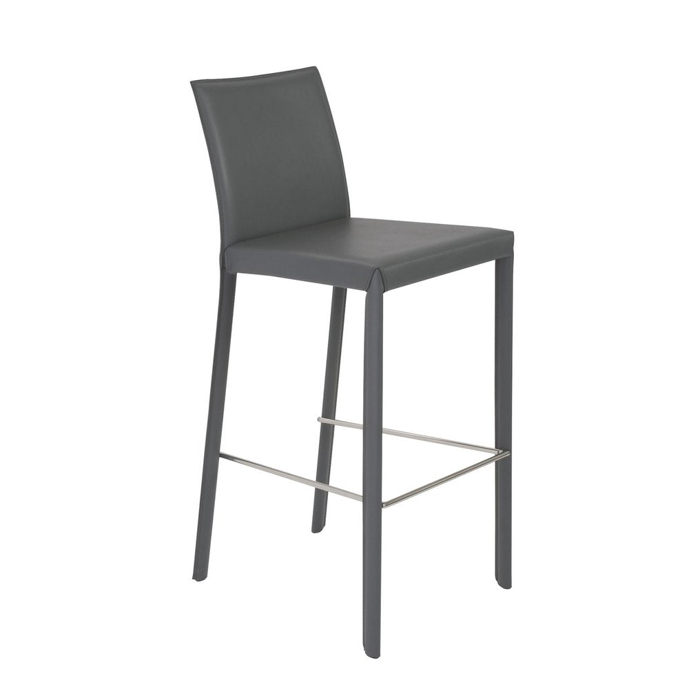 Set of Two 30" Gray Faux Leather And Steel Bar Height Bar Chairs