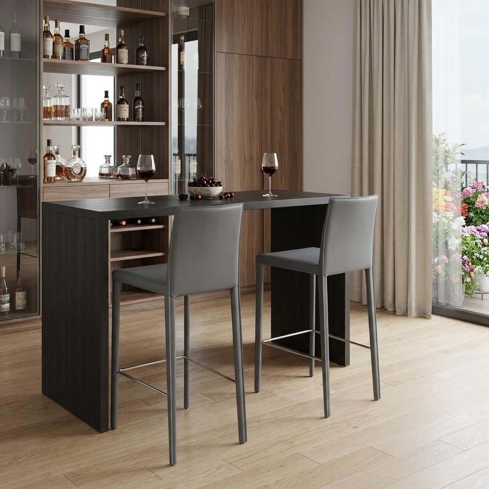Set of Two 30" Gray Faux Leather and Steel Bar Height Bar Chairs