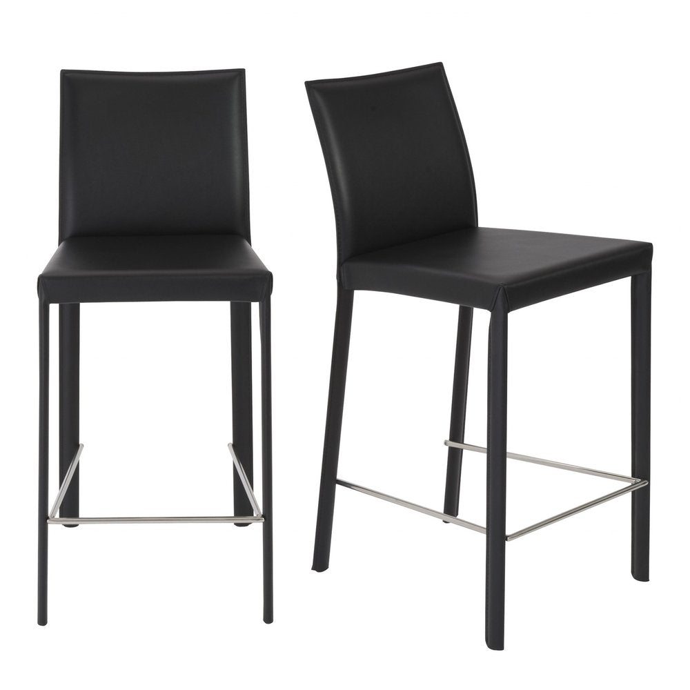 Set of Two 26" Black Faux Leather And Steel Low Back Counter Height Bar Chairs