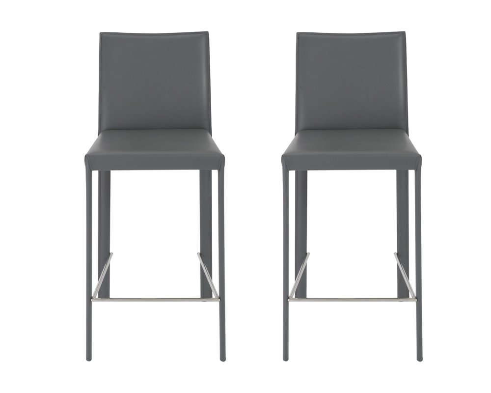 Set of Two 26" Gray Faux Leather And Steel Low Back Counter Height Bar Chairs