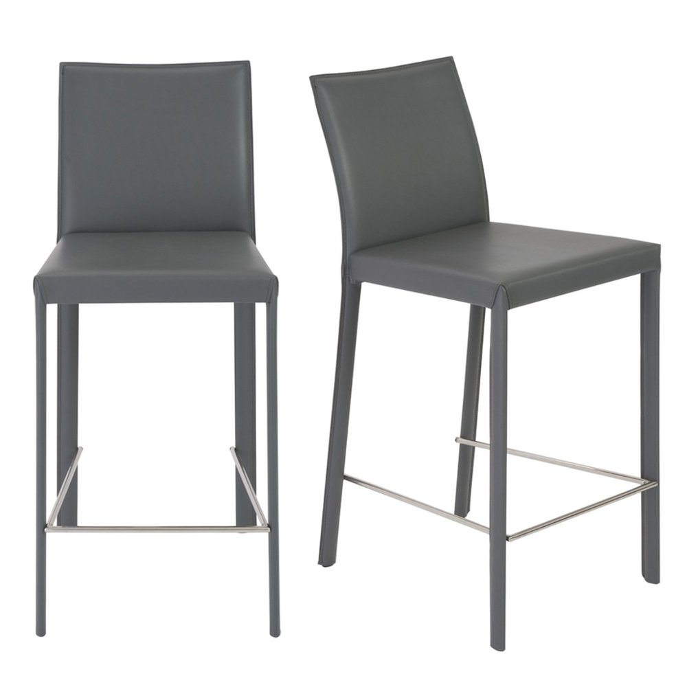 Set of Two 26" Gray Faux Leather And Steel Low Back Counter Height Bar Chairs