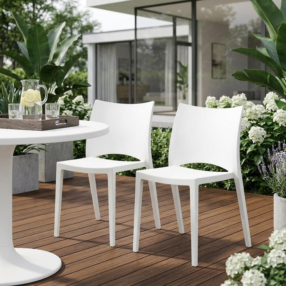 Set of Two White Heavy Duty Plastic Outdoor Stacking Dining Chairs