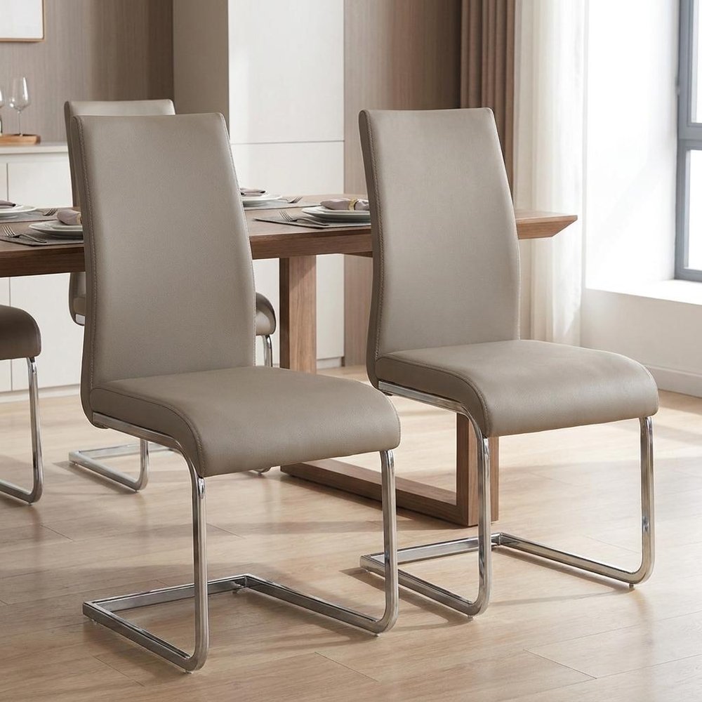 Set of Four Taupe and Silver Upholstered Leather Dining Side Chairs