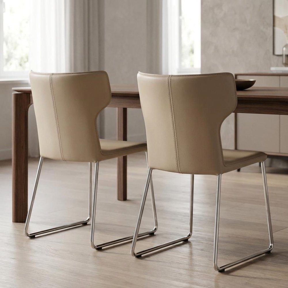 Set of Two Beige Upholstered Leather Curved Back Dining Side Chairs