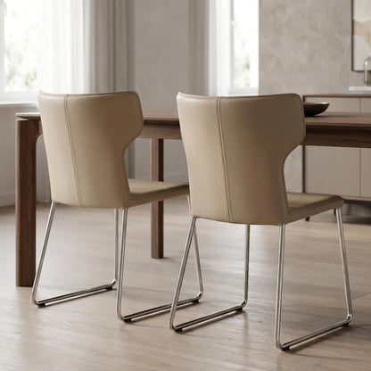 Set of Two Beige Upholstered Leather Curved Back Dining Side Chairs