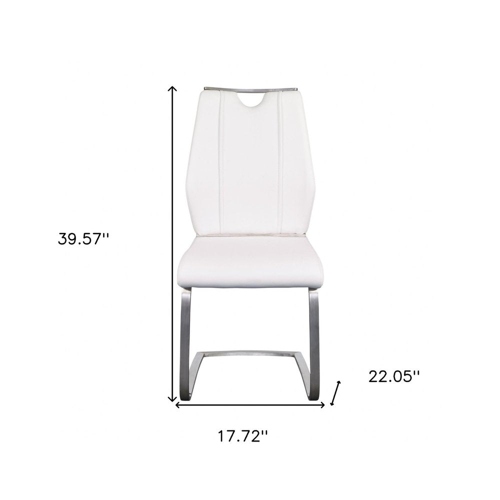 Set of Two White and Silver Upholstered Leather Dining Side Chairs