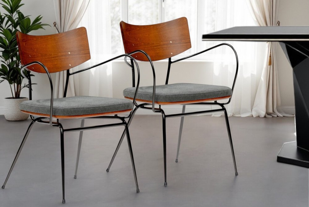 Set of Two Gray And Black Upholstered Fabric Open Back Dining Arm Chairs