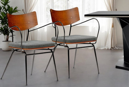 Set of Two Gray And Black Upholstered Fabric Open Back Dining Arm Chairs