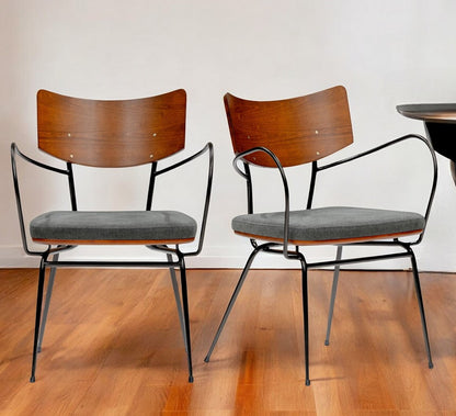 Set of Two Gray And Black Upholstered Fabric Open Back Dining Arm Chairs