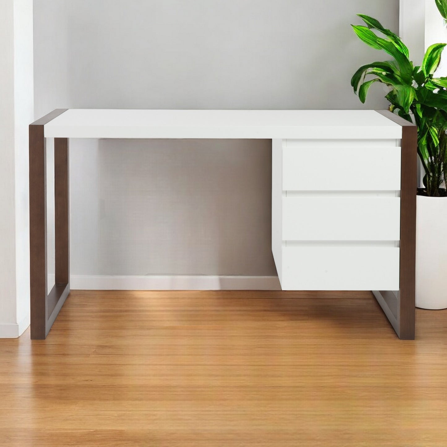 51" White and Brown Writing Desk With Three Drawers