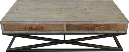 55" Brown and Black Solid Wood and Iron Distressed Frame Coffee Table With Two Drawers