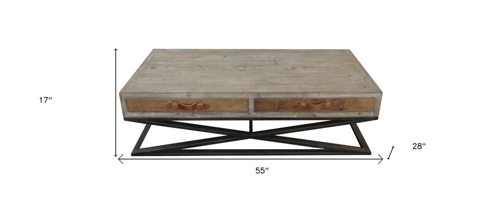 55" Brown and Black Solid Wood and Iron Distressed Frame Coffee Table With Two Drawers