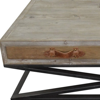 55" Brown and Black Solid Wood and Iron Distressed Frame Coffee Table With Two Drawers