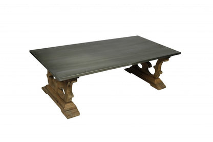 63" Gray and Brown Zinc and Solid Wood Pedestal Coffee Table