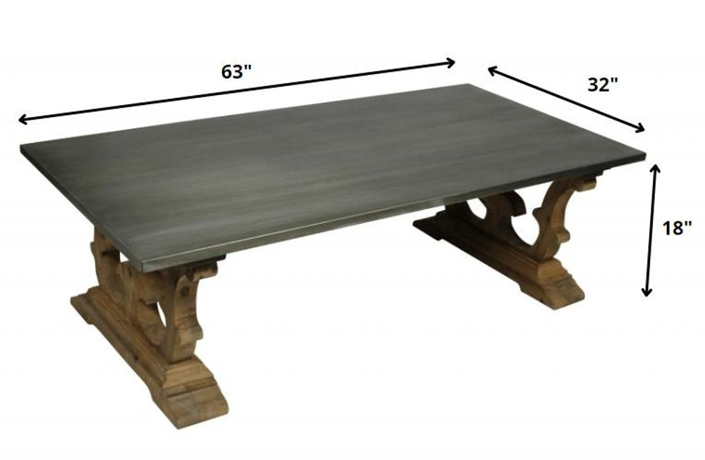 63" Gray and Brown Zinc and Solid Wood Pedestal Coffee Table