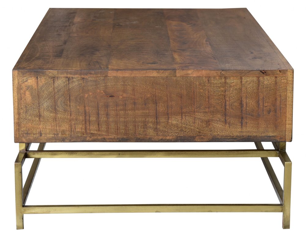 48" Brown and Brass Solid Wood and Metal Frame Coffee Table With Four Drawers