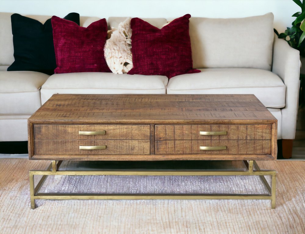 48" Brown and Brass Solid Wood and Metal Frame Coffee Table With Four Drawers