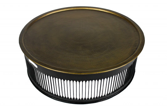 Round Black Drum Shaped Brass Coffee Table