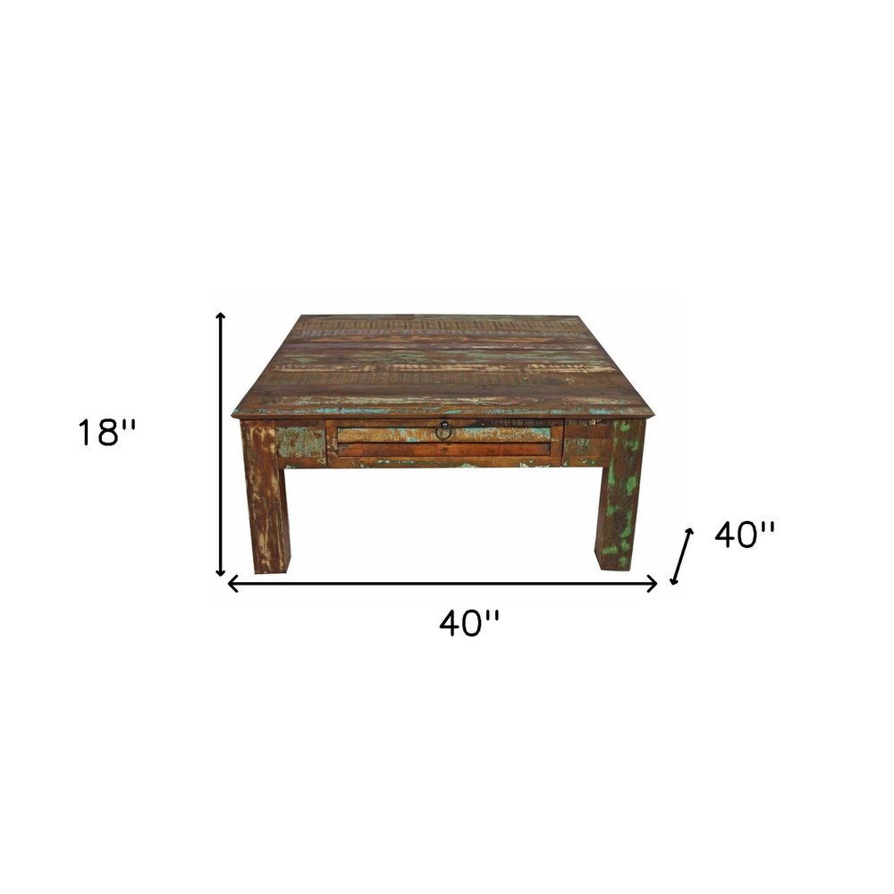 40" Green and Brown Solid Wood Square Coffee Table With Drawer