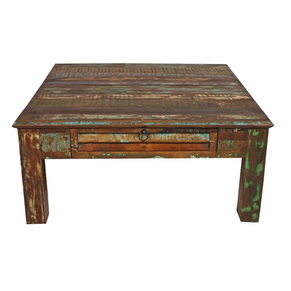 40" Green and Brown Solid Wood Square Coffee Table With Drawer