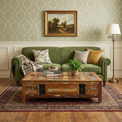 60" Green and Brown Solid Wood Distressed Lift Top Solid Coffee Table
