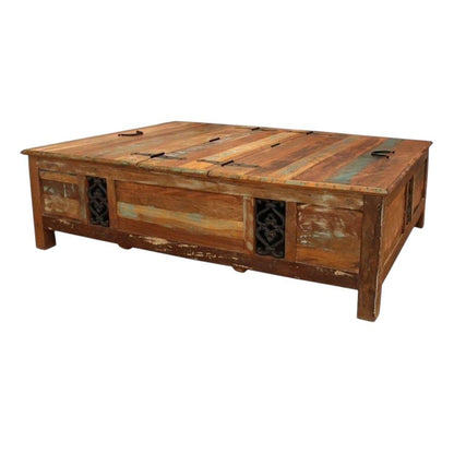 60" Green and Brown Solid Wood Distressed Lift Top Solid Coffee Table