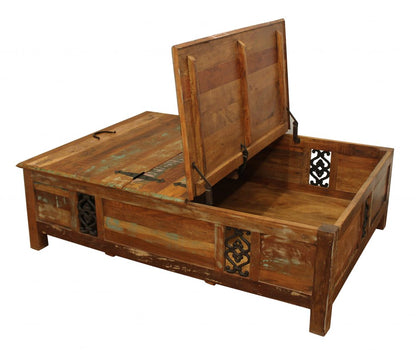60" Green and Brown Solid Wood Distressed Lift Top Solid Coffee Table